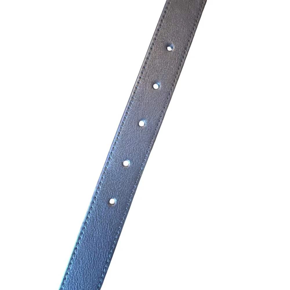 Talbots Belt Navy Blue Leather Woven Raffia Buckle Coastal Preppy Gold Tone Slim